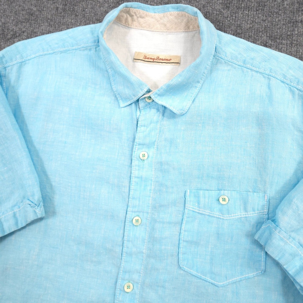 Tommy Bahama Linen Shirt Mens Large Blue Sea Glass Short Sleeve Button Up Preppy